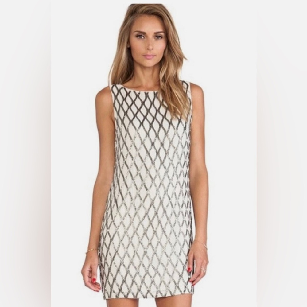 Alice + Olivia Dalyla Beaded Dress 100% Silk Stone Gunmetal Art Deco Dress